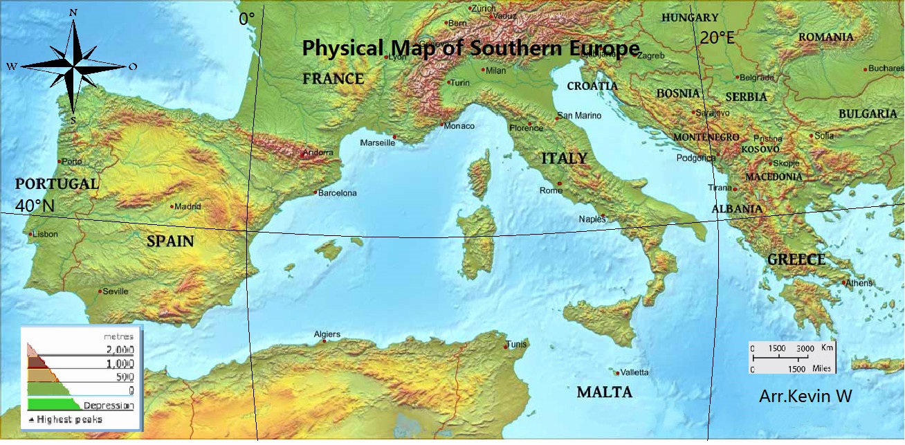 Physical Map - Southern Europe